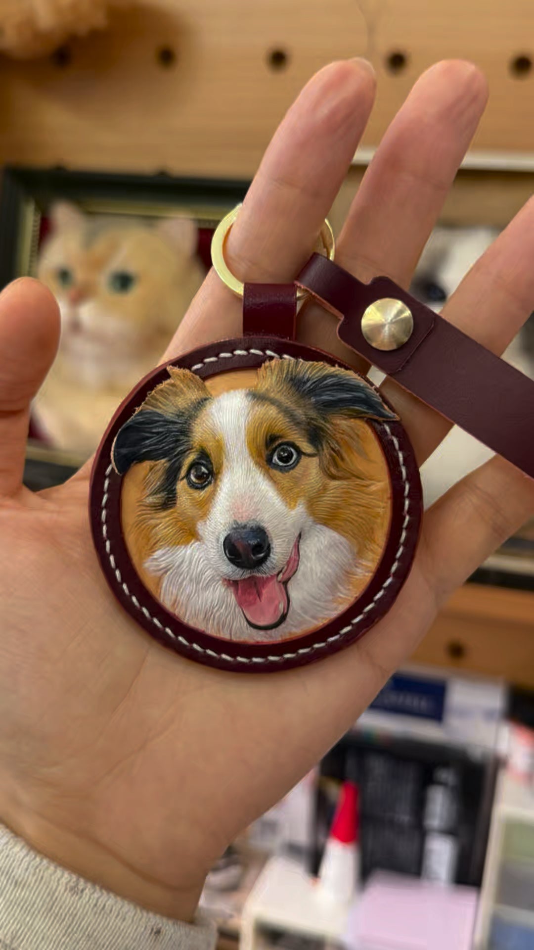 Hand-carving a pet portrait into vegetable-tanned leather