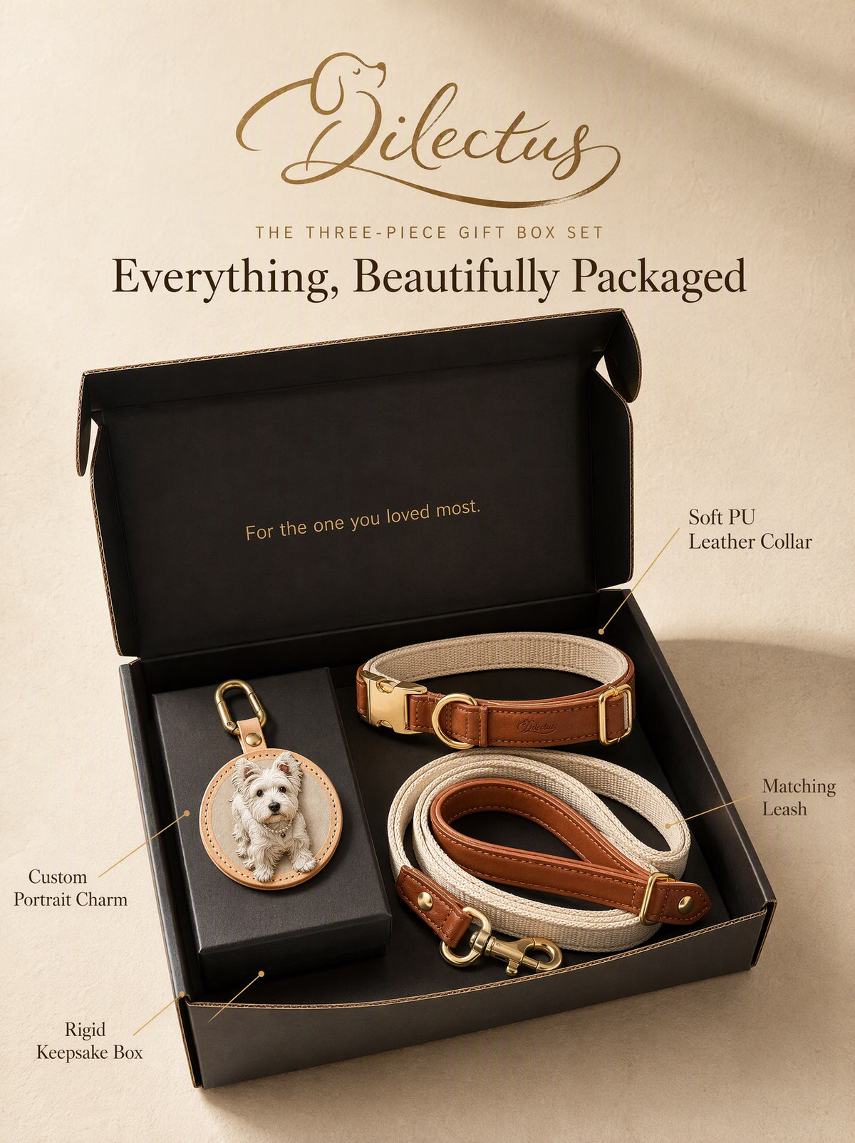 Customized pet set — leather collar, matching lead and custom portrait tag as a set