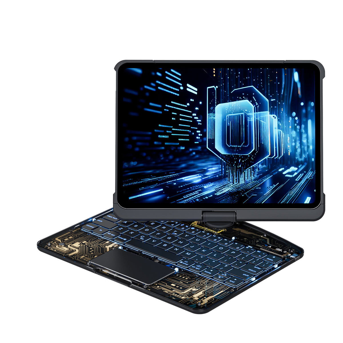 360 rotation hinge on transparent iPad keyboard case with trackpad