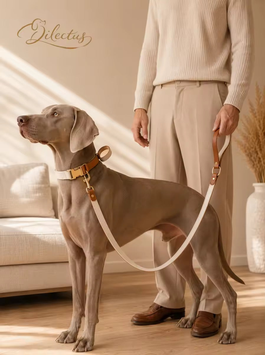 Dog lead in leather over waterproof woven ribbon, matched to the collar