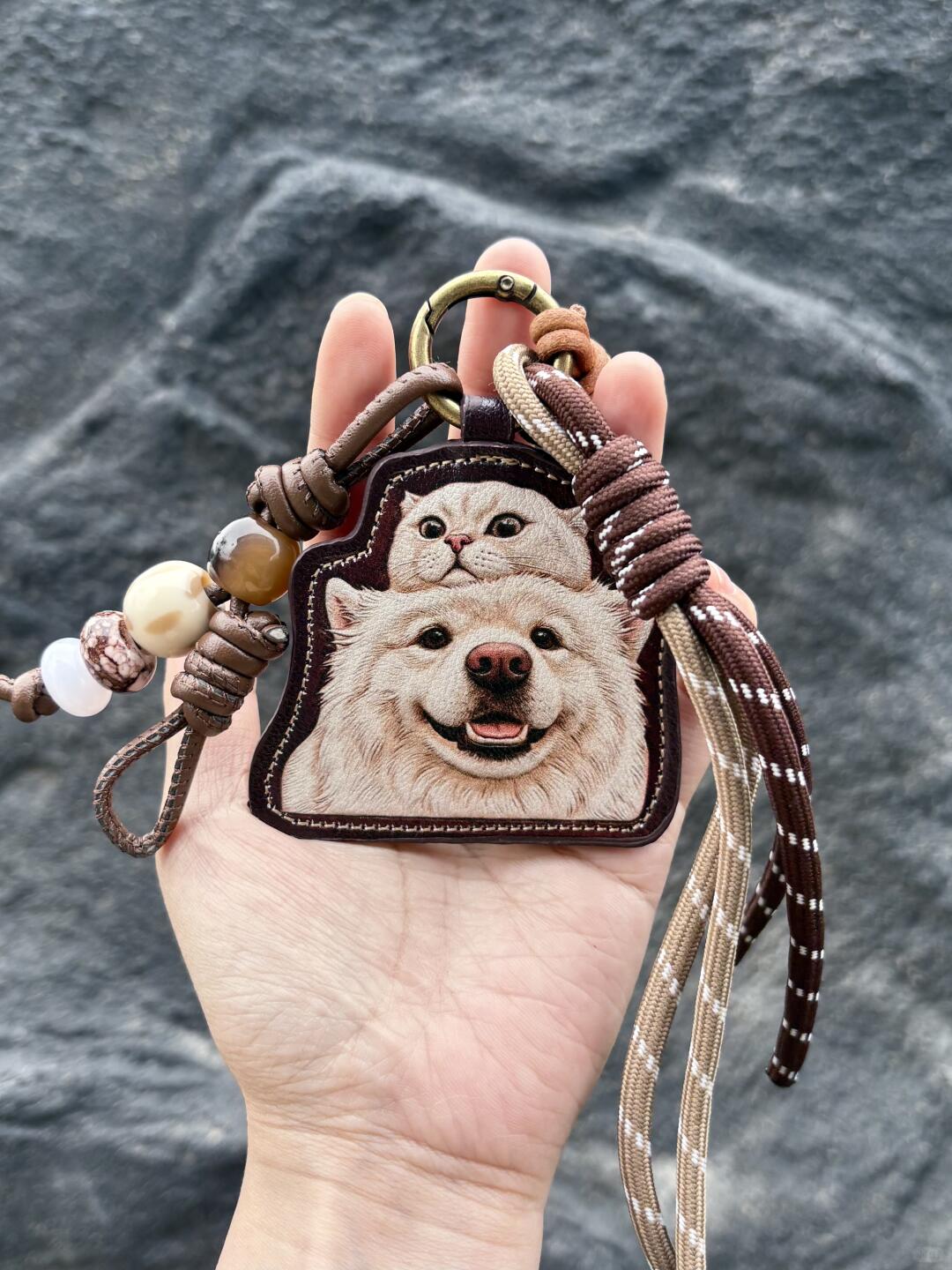 Custom double pet portrait leather charm
